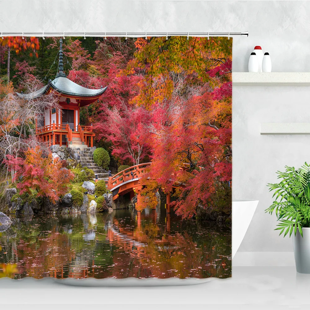 

Autumn Scenery Shower Curtains Red Maple Arch Bridge Pavilion Running Water Natural Landscape Waterproof Bathroom Decor Curtain