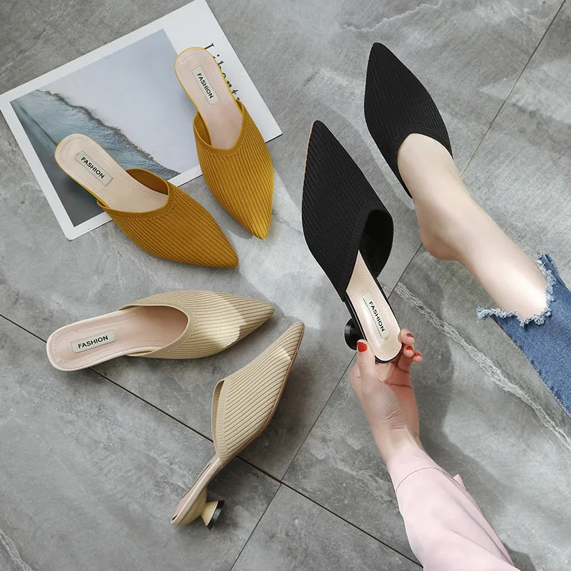 С Острым носком тканые трикотажные женские полусапожки Полусапожки на среднем