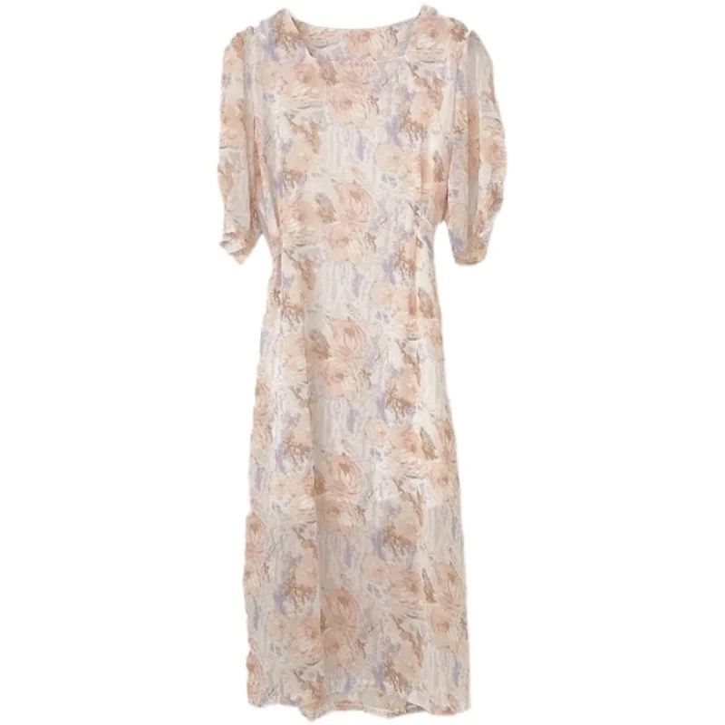 

French Sweet Summer Tie Dye Short Sleeve Split Long Dress Women Slim Sexy Party Beach Vestidos Robe