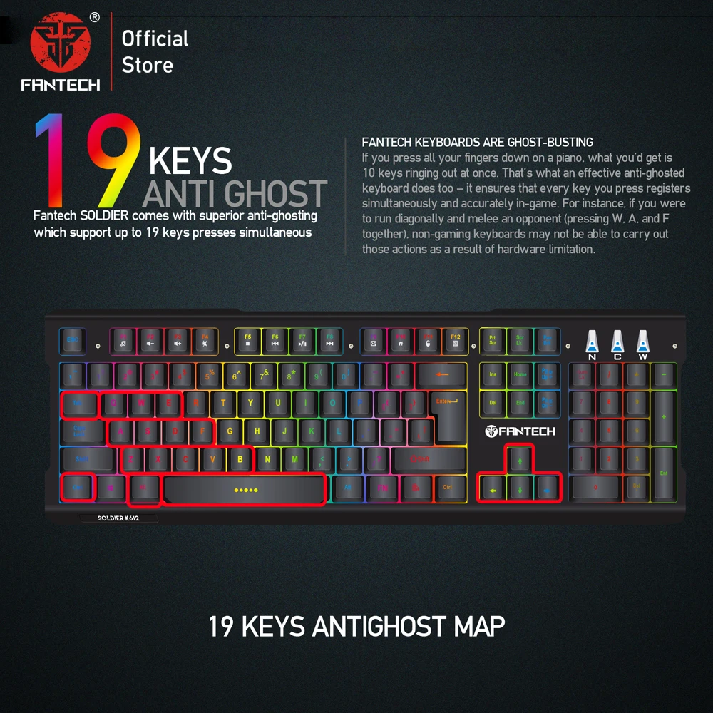 USB RGB клавиатура FANTECH K612 с 19 кнопками игровая без конфликтов 104 клавиш для ПК
