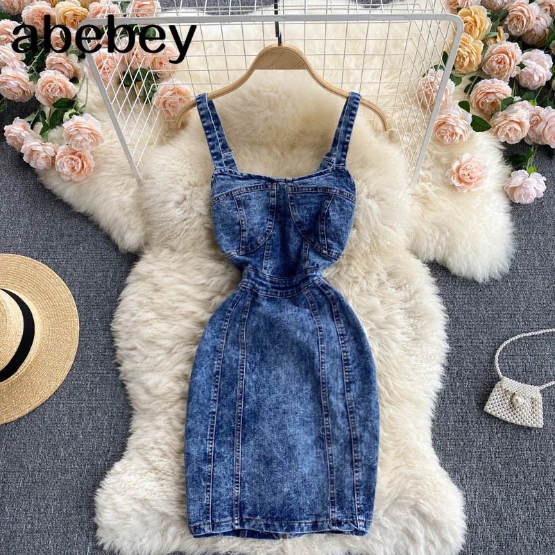 

2021 Chic Denim Dress Women's Summer Short Dress New Design Sleeveless Spaghetti Strap Open Back Slim Fit Sexy Party Jeans Dress