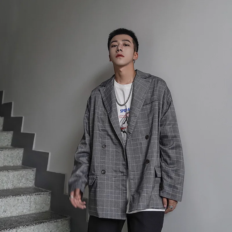 

Double breasted blazer baggy men's checked blazer Fall men's blazer new