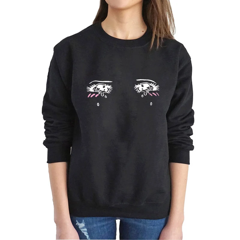 

Print Long Sleeve Funny Graphic Women Sweatshirt Winter Autumn Unisex Loose Fit Style O Neck Hoodie Cry Eyes