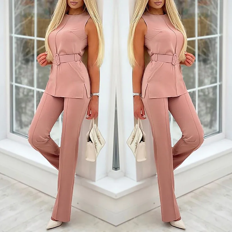 

Women's 2021 new Arrival Women's Suit Party Club Suit Suit Pants Wide Leg Sleeveless With Belt Commuter Pink Suit office