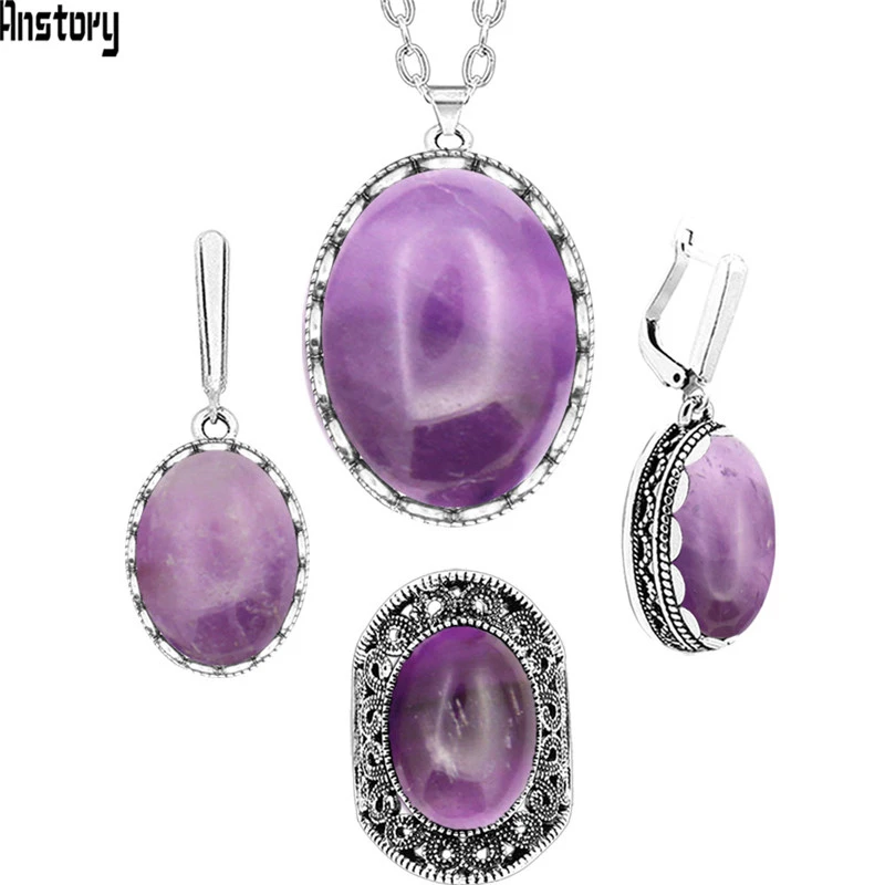 Овальный Природный Фиолетовый Камень Ювелирные наборы Цепочки и ожерелья Серьги