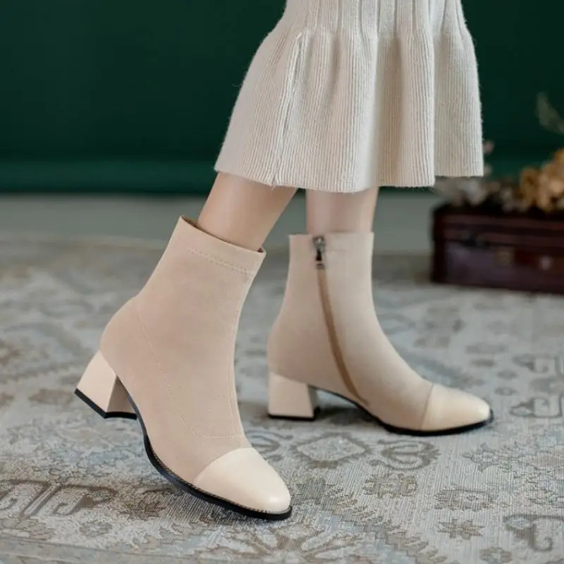 

TAOFFEN Size 33-43 Women Ankle Boots Thick Heel Zipper Flock Shoes Square Toe Winter Warm Boots Fashion Lady Office Footwear