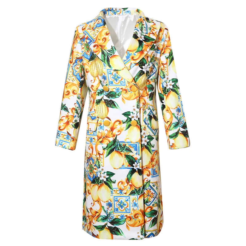 

2021Autumn WinterWomen's Coat Fashion Runway Sicily Lemo Print Ladies Crystal Stud Diamond Middle Length Woolen Coat Loose Size