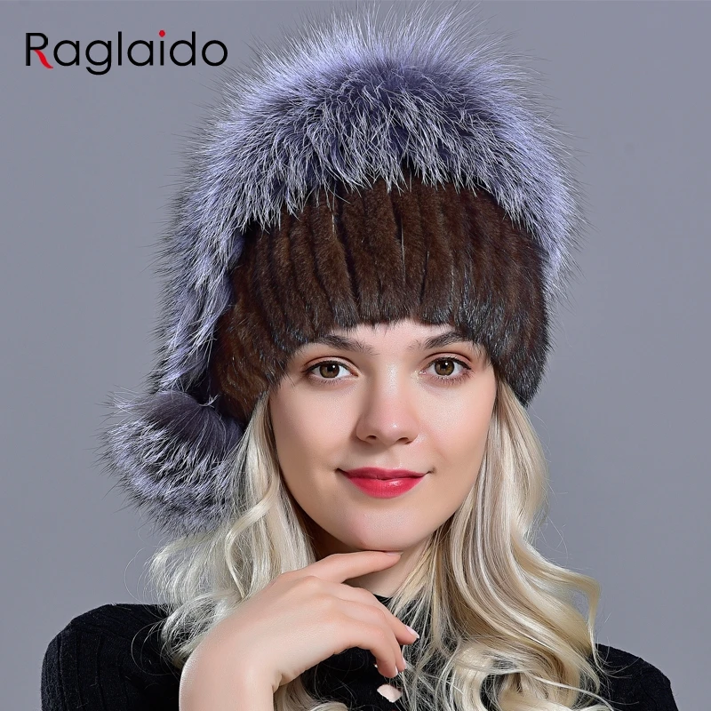 

Raglaido women hat winter fashion mink fur hats knit natural real fur fox pompom warm hat fluffy stylish girls outdoor hats
