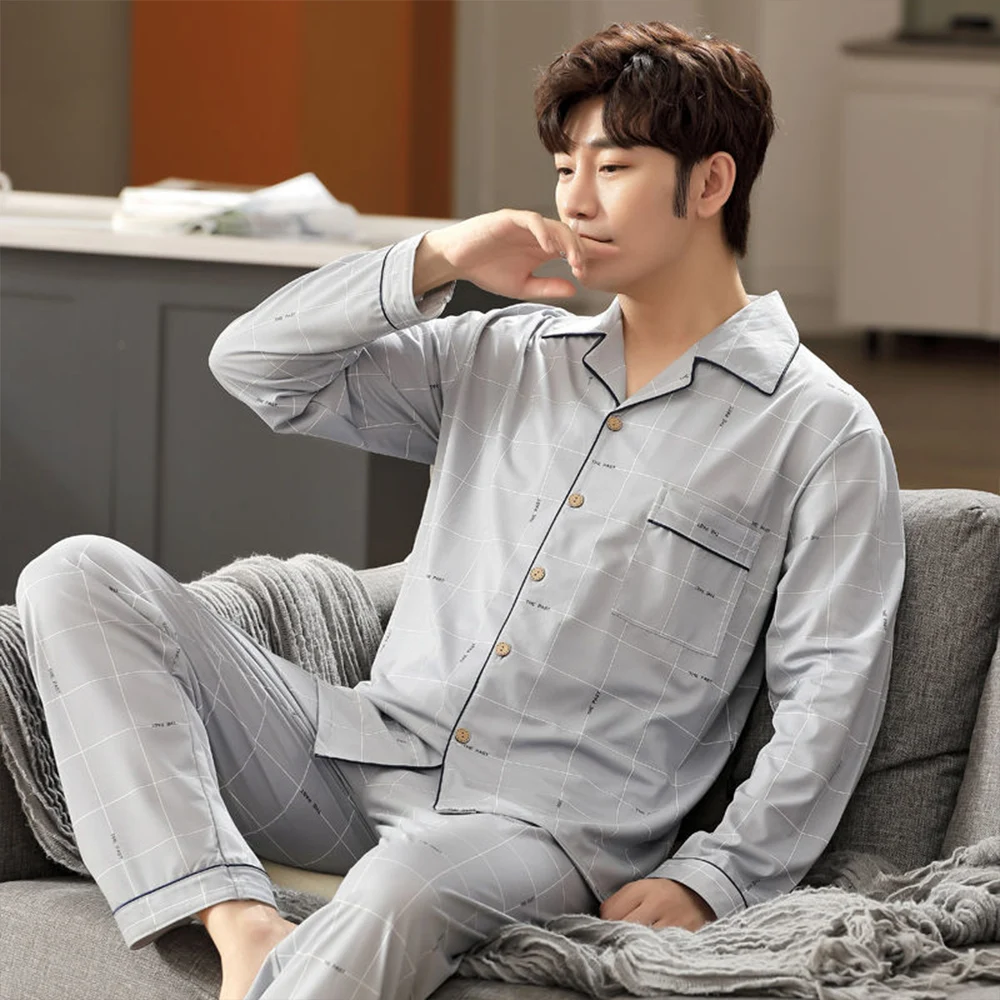 Plus Size 5XL Casual Striped Cotton Pajama Sets for Men Long Sleeve Long Pants Sleepwear Pyjama PJ Print Pijama Hombre Invierno