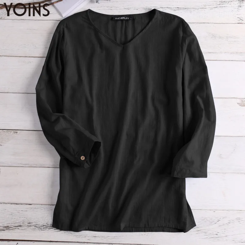 YOINS, китайский стиль, футболка, мужская, v-образный вырез, 3/4 рукав, одноцветная, футболка, мужская, Ретро стиль, свободная, хлопок, лён, повседневная, мужская, s, футболка размера плюс