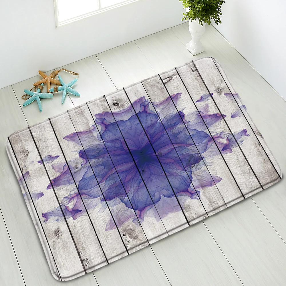 

Water Color Flower Bath Mat Retro Wood Plank Non-Slip Mat Bedroom Kitchen Floor Doormat Balcony Corridor Carpet Flannel Washable