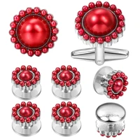 hawson new arrival 8 pcs cufflinks and studs designed for men classic red and black pearl cuff links set with hawsons logo