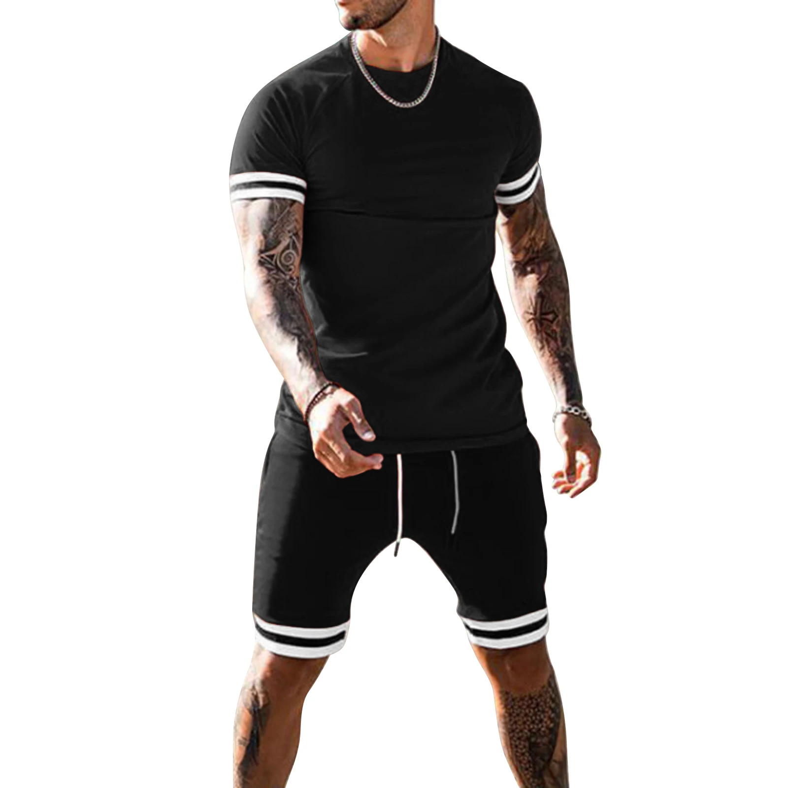 

Men's Set Summer Two Piece Patchwork Short Sleeve T-Shirt Tops High Waist Shorts Casual Running Fitness Trainning Set