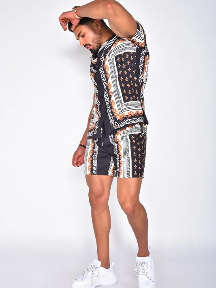 

Brand Men T-Shirt 2021 Fashion Ethnic Printing Stand-Up Collar Striped Short-Sleeve Loose Shorts Hawaiian Henry Male T-Shirt Set
