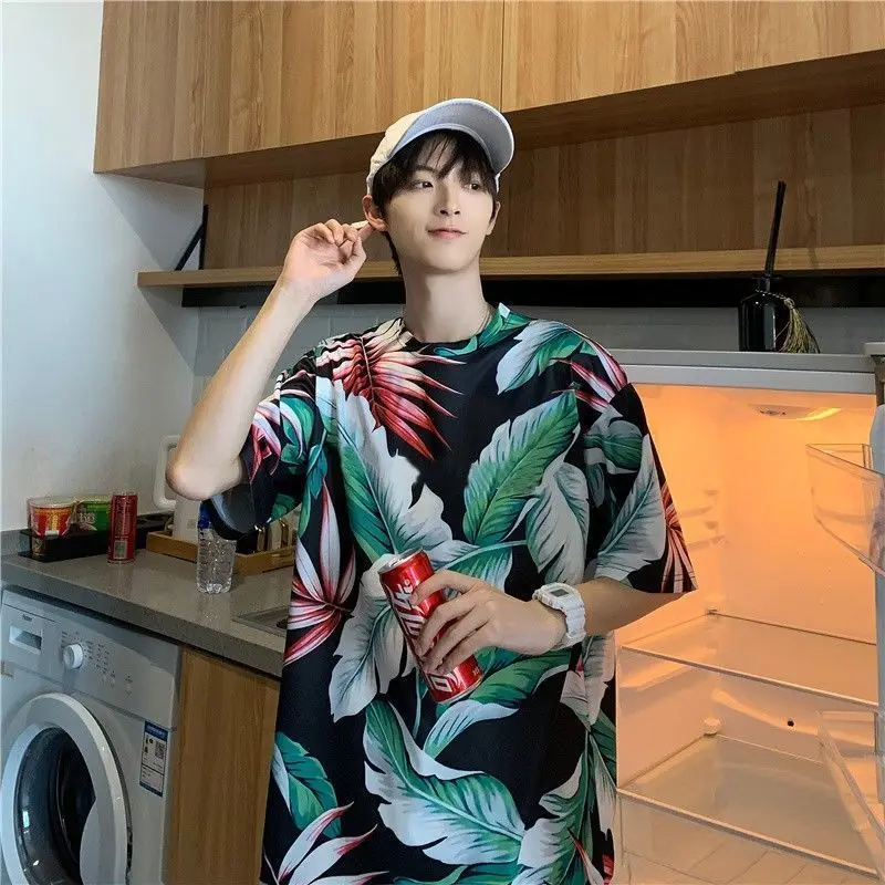 

t-shirts man Summer full leaf tie-dye short-sleeved t-shirt male gradient splash ink tide Hong Kong-style loose Harajuku tops