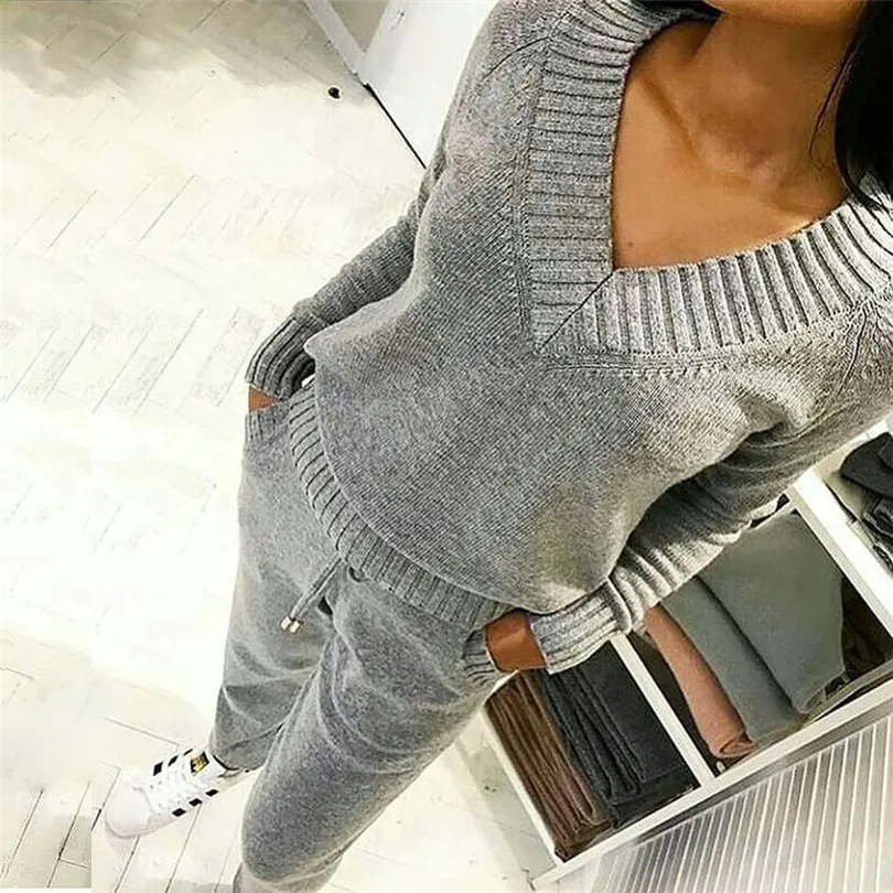 

Women's V-neck Wool Warm Sweaters Suits Knitted Sets long Sleeve Pullover Sweater Elastic Waist Pants 2PCS Set