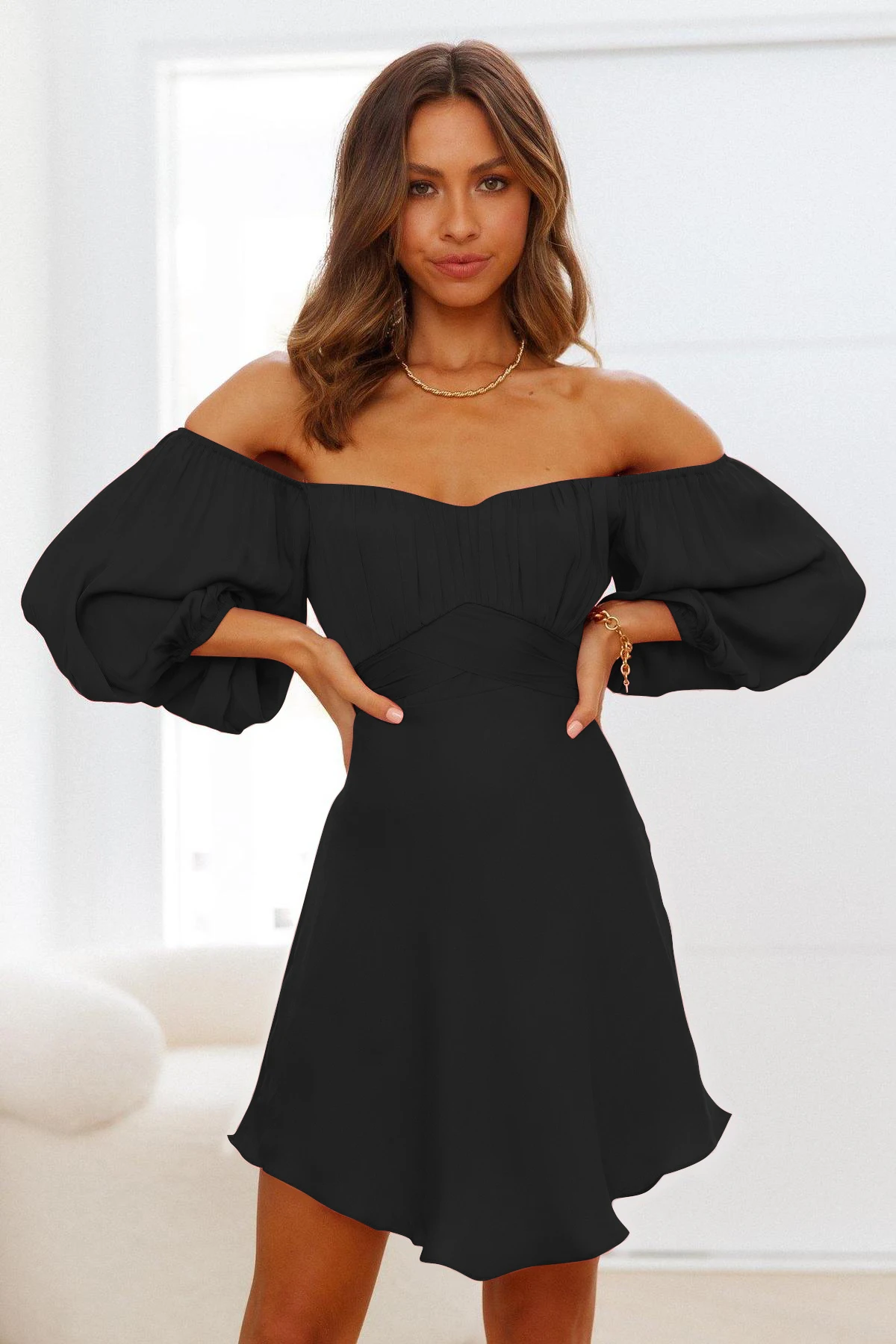 

Summer Women Sexy Slash Neck Off Shoulder Dresses Elegant Lantern Sleeve Solid Color Mini Dress