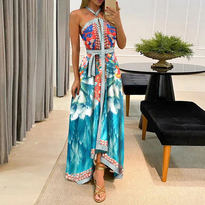 

2021 Women Vintage Print High Split Party Dress Sexy Halter Sleeveless Long Beach Dress Summer Off Shoulder Backless Maxi Dress