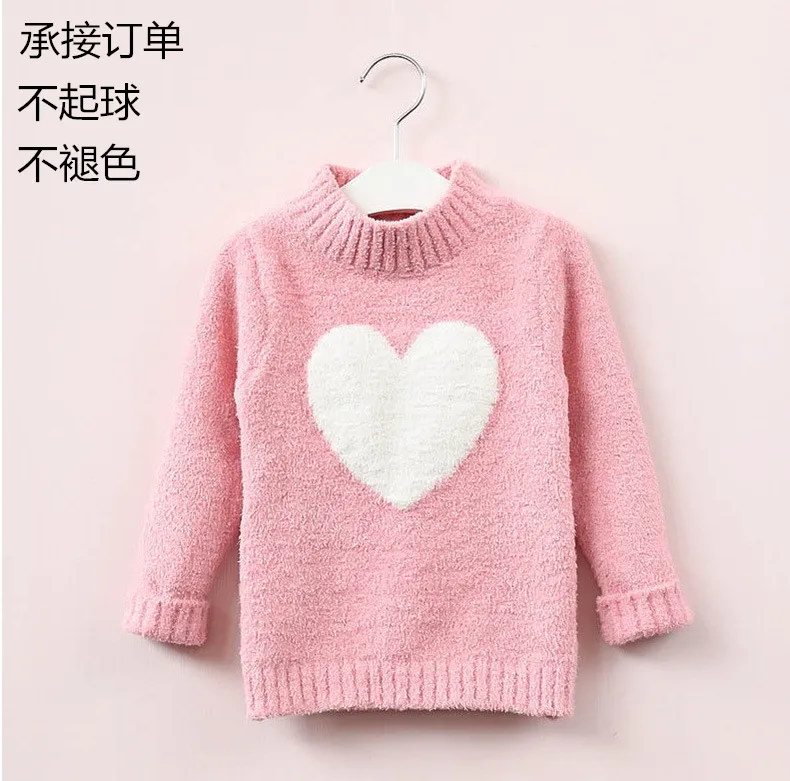 

0-6T Autumn winter high quality fashionable cute girls jacquard love half turtleneck sweater half fleece knitted childrens top