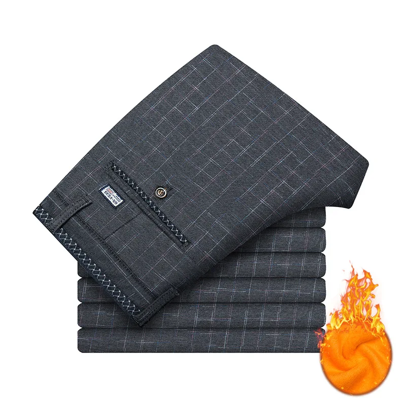 Зимние с бархатом плотные мужские прямые брюки для костюма вязаные Высокие