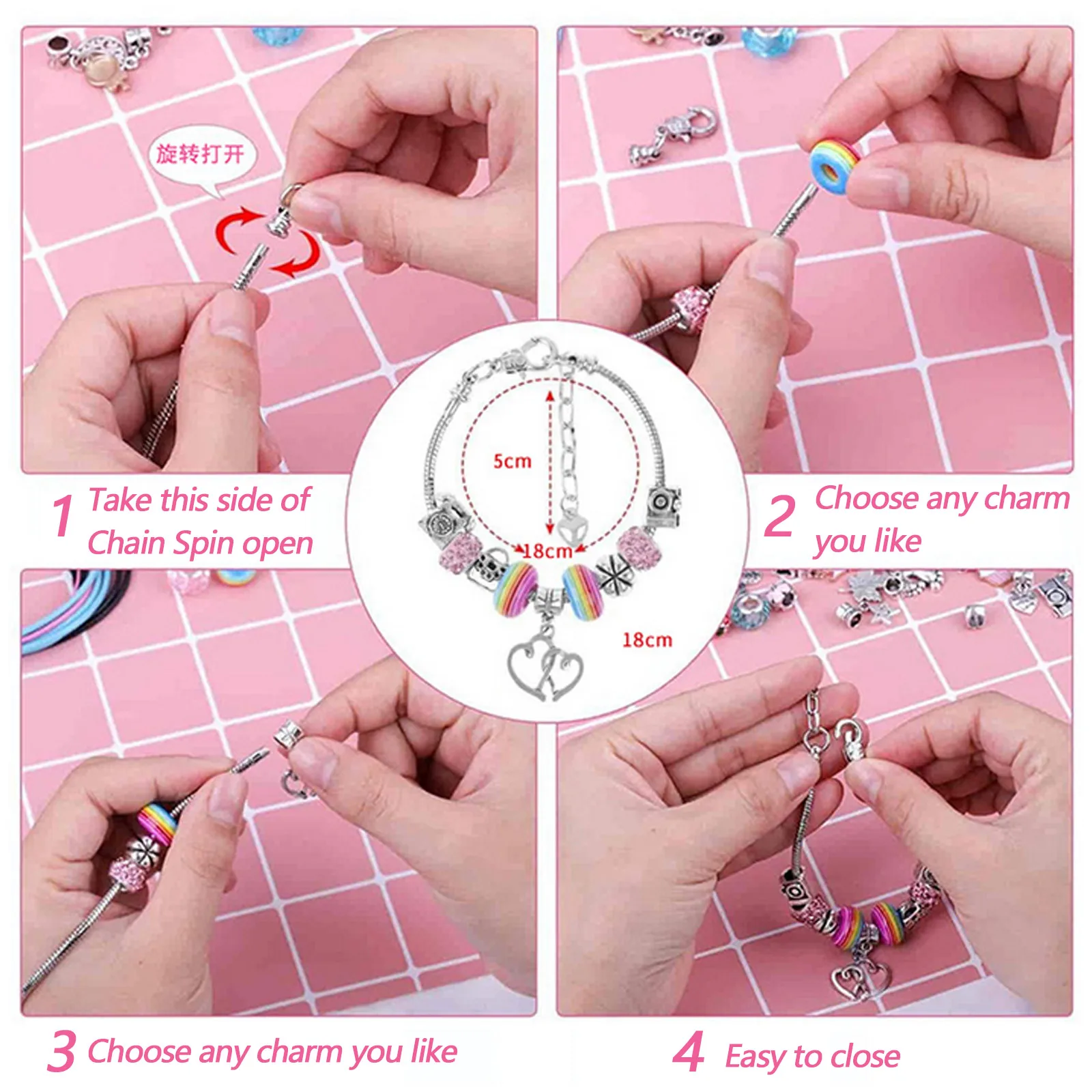 Набор браслетов с подвесками сделай сам 92 шт. Подарочная коробка розового цвета