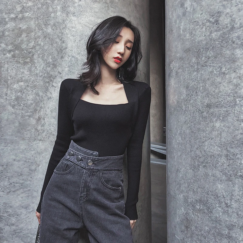 Nude Black Solid Casual Basic Top Square Neck Ribbed Knit Long Sleeve Tee Autumn Party Modern Lady Women Tshirt And B-104 | Женская