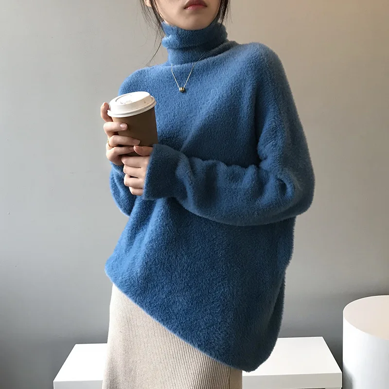 

Женский свитер с длинным рукавом, свободный однотонный пуловер с высоким воротом, Осень-зима 2020