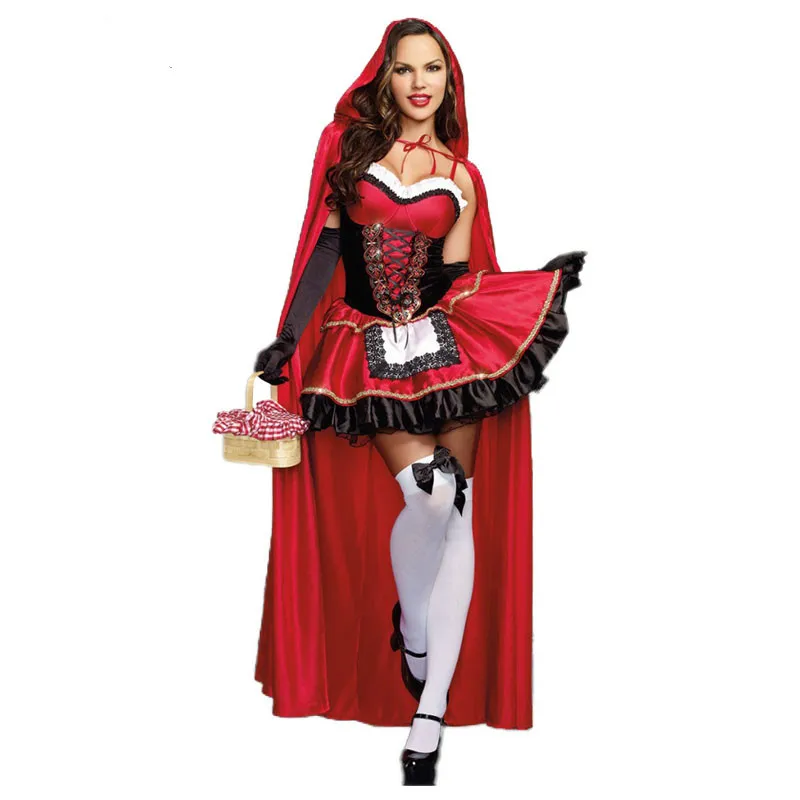 

Женский красный костюм с капюшоном для верховой езды, необычный костюм для косплея для взрослых на Хэллоуин, карнавал, Сказочная модель, платье для девочки с мантией