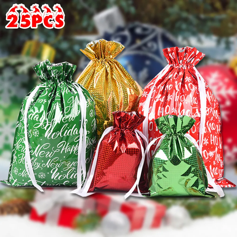 

25pcs Gift Drawstring Bags Christmas Present Wrap Wedding Birthday Candy Bag Xmas Navidad New Year Party Decor Supplies