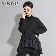 CHICEVER вышивка Лоскутная гофрированная черная женская футболка
