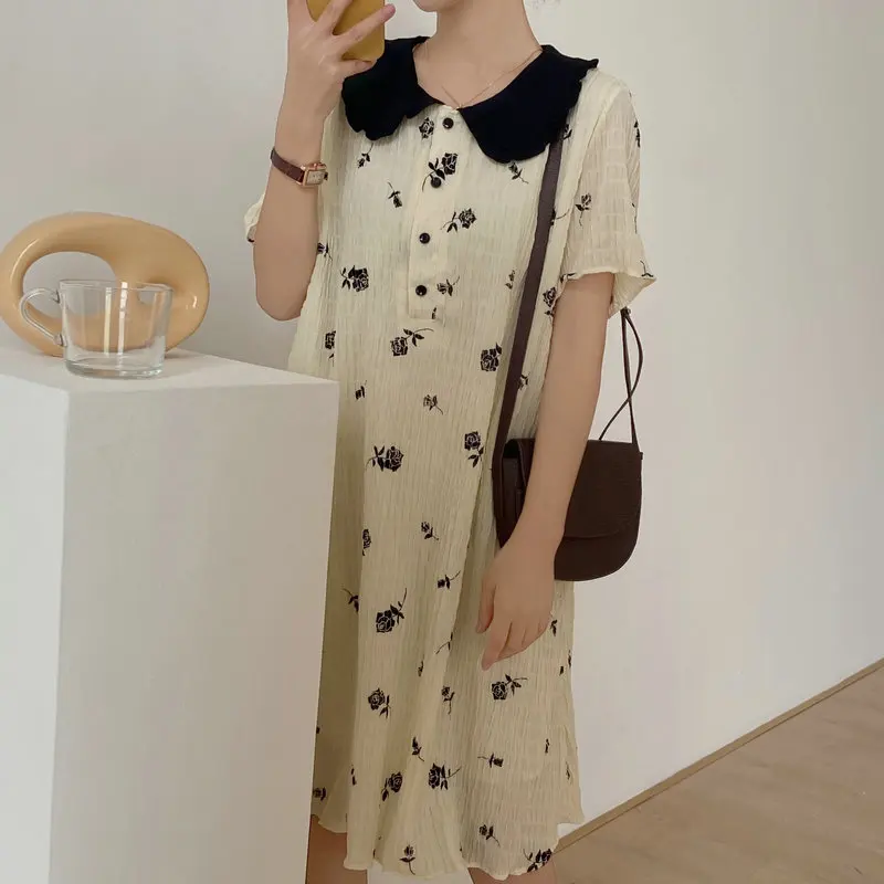 

Rose Flower Chiffon Straight Dresses Women Summer White Pater Pan Collar Patchwork Short Sleeve One Piece Casual Robe