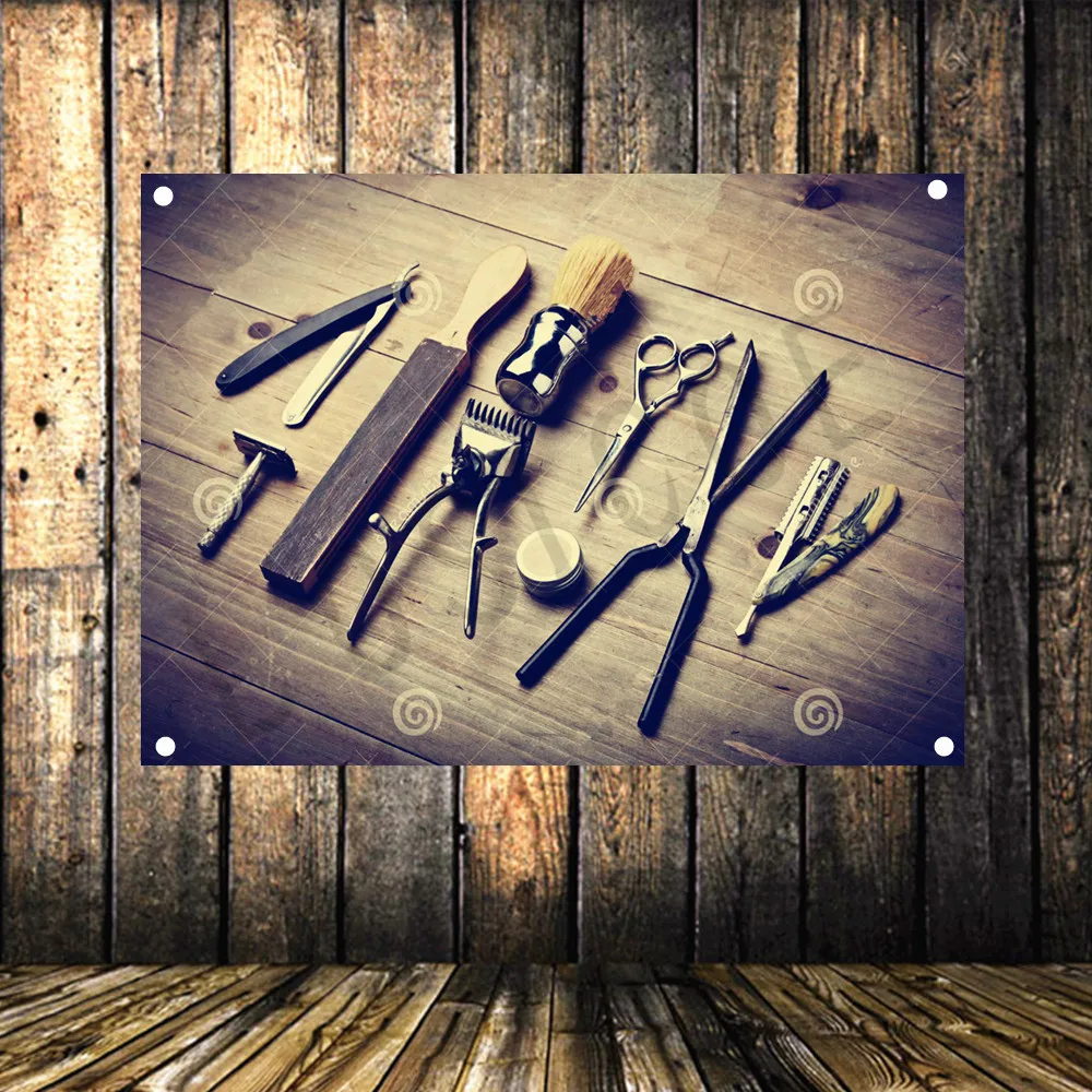 

Barber Shop Sign Poster Four Hole Wall Hanging Retro Hair Salon Tattoo Banner Flag Tapestry Wall Stickers Background Decoration