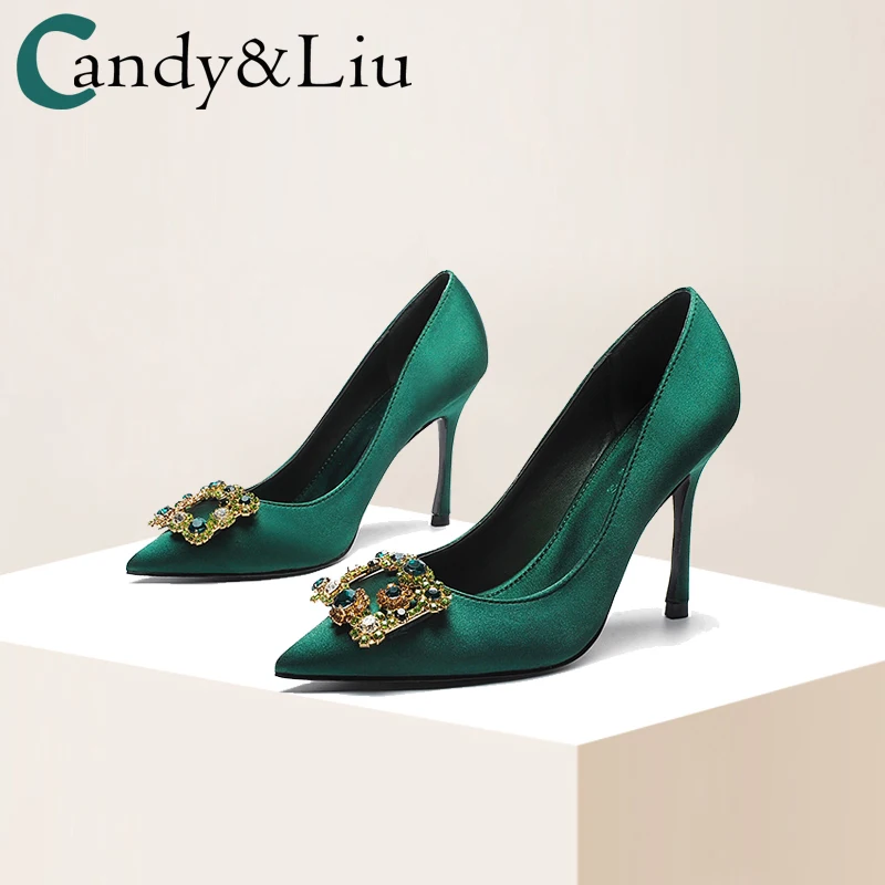 

Emerald Green High-heeled Shoe 2021 Spring New Product Sexy Rhinestone 10cm Pointed Thin Heel Shallow Mouth Sleeve Women's Shoes