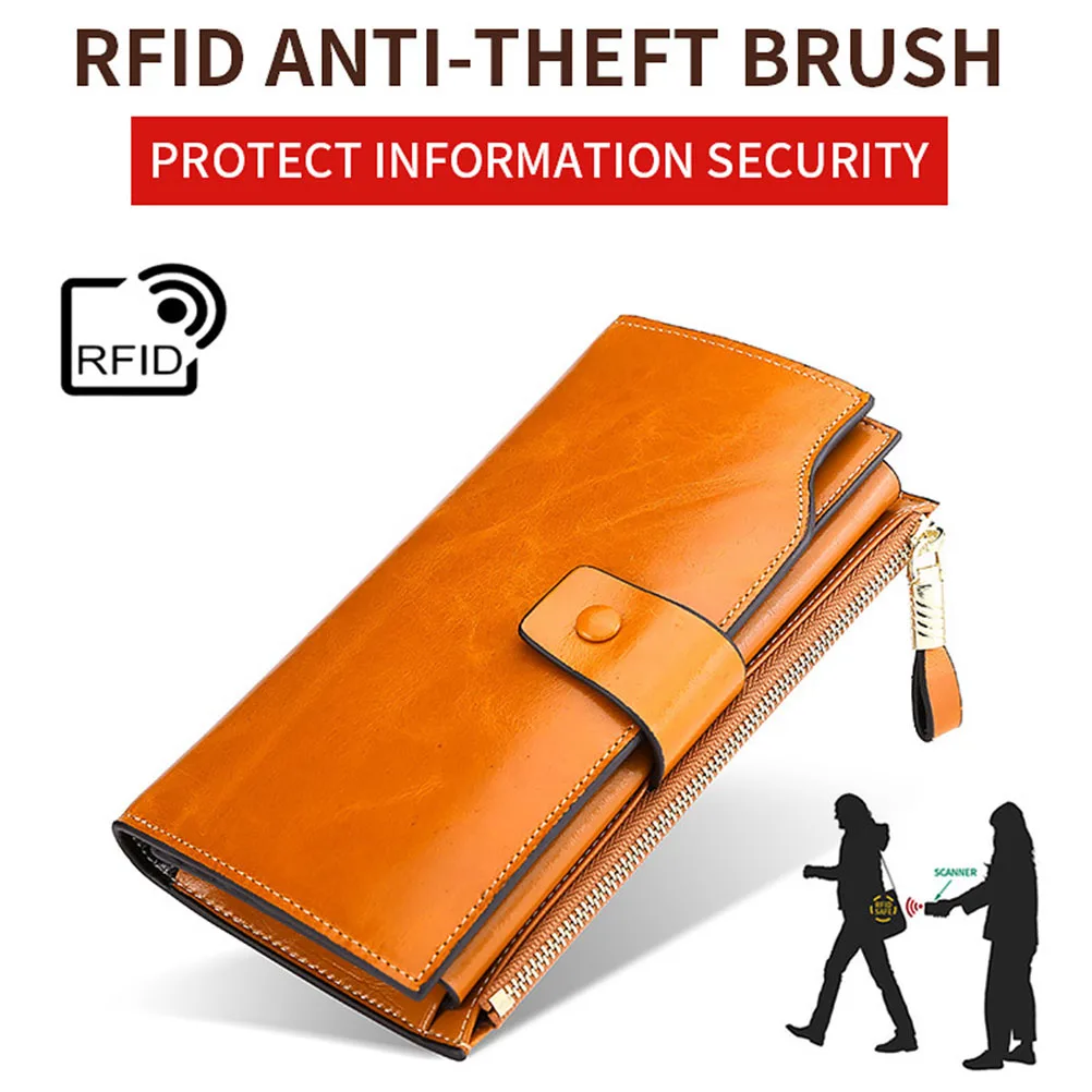 Genuine Leather Women's Wallet Long Oil Wax Leather Mobile Phone Clutch Bag Cowhide Retro Wallet Wallet for Women