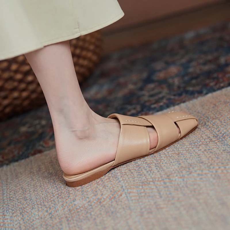 

TXCNMB Cow Leather Women Slippers Flats Sandals Women Slippers Flat Heel Casual Ladies Shoes Outdoor Female Slides Size 41 42 43