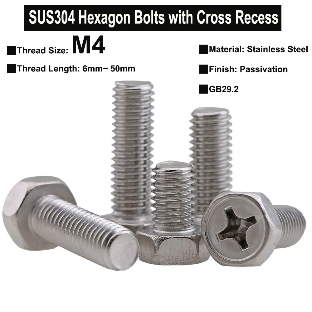 

20Pcs/10Pcs M4 SUS304 Stainless Steel Hexagon Bolts with Cross Recess Phillips Screw Thread Length 6mm ~ 50mm GB29.2
