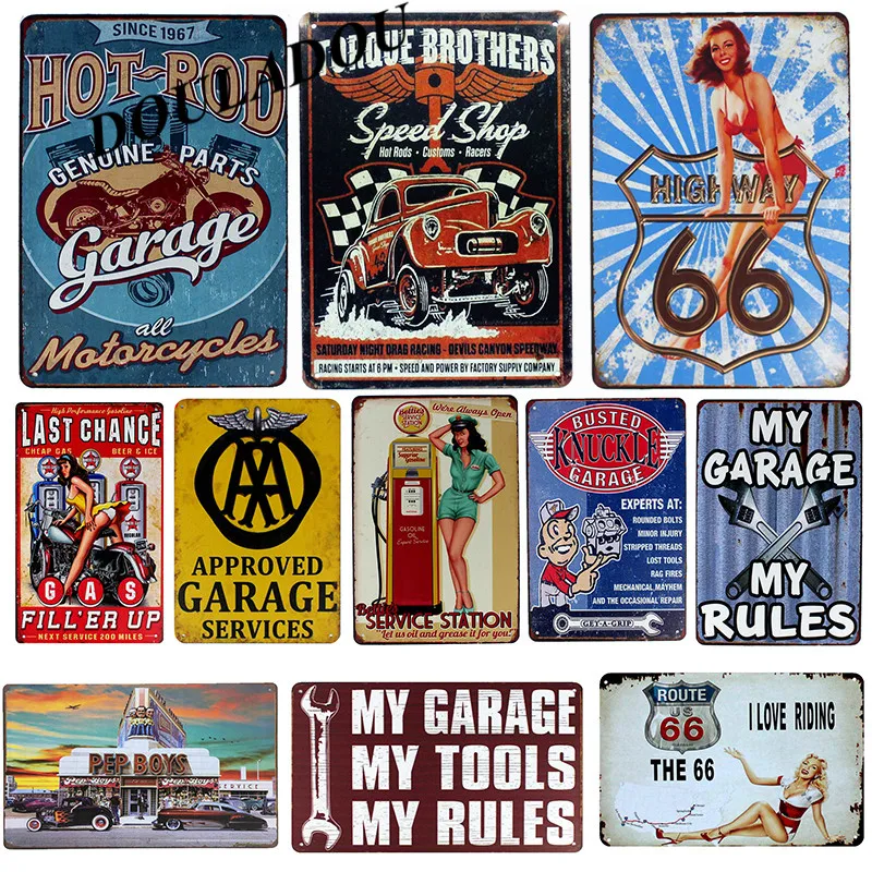 

[Douladou]My Garage My Rules Riding Gas Service Sign Vintage Metal Tin Sign Custom Iron Poster Car Club Wall Decoration 30*20CM