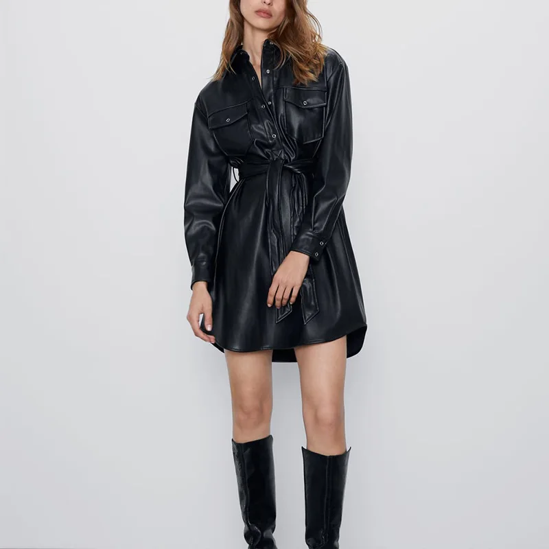 Женское винтажное платье ftaylor Черное короткое из искусственной кожи с отложным