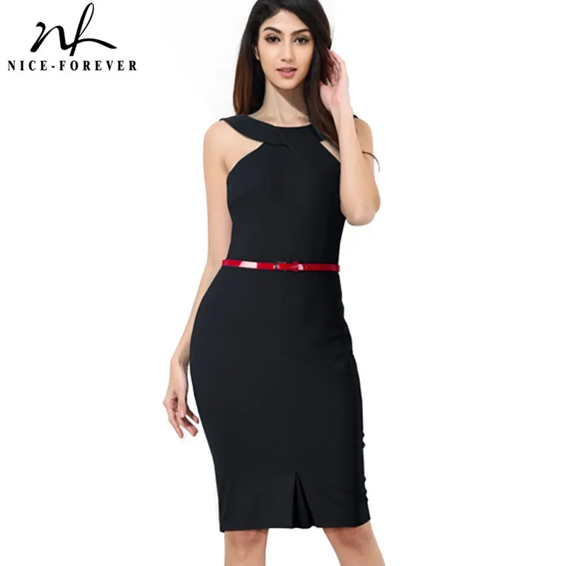 Nice-forever Винтаж сексуальные платья на бретелях с поясом пикантные Клубные