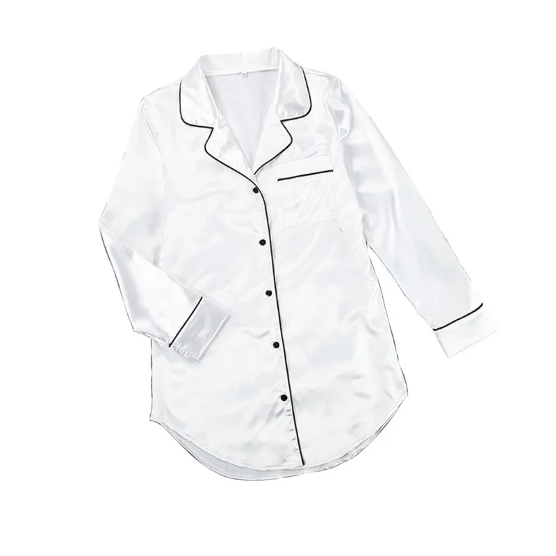 

White Night Gown Pocket Casual Turndown Collar Bathrobe Women Sexy Home Wear Satin Short Fashion Long Sleev Sleepwear