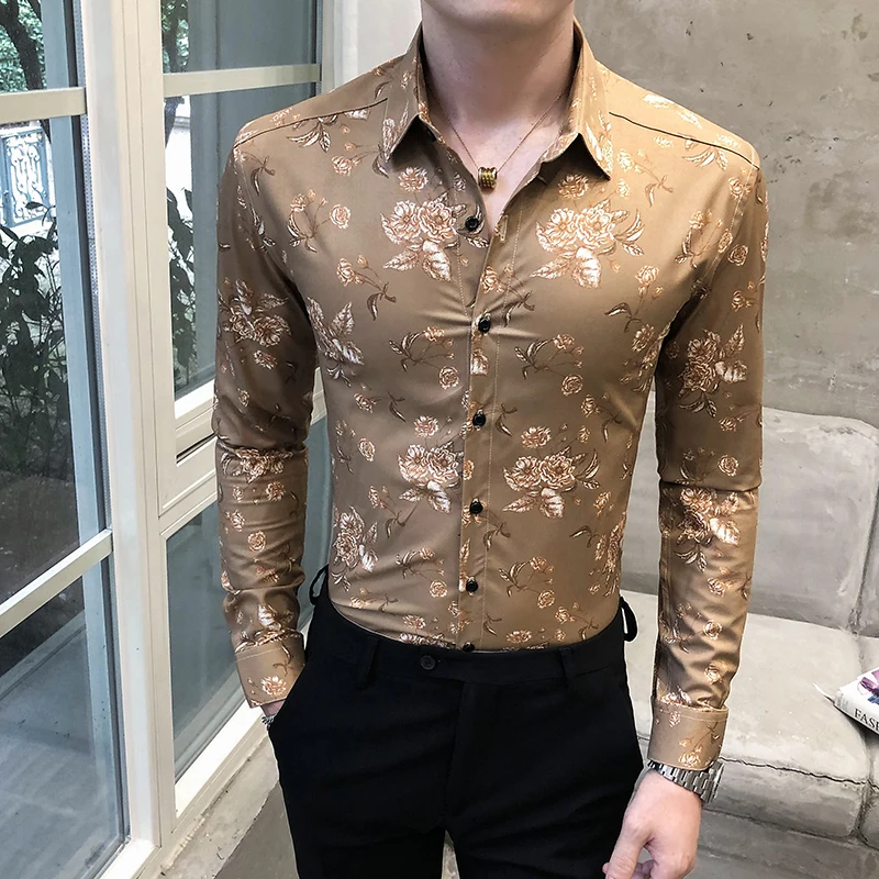 

Spring New Fashion 2021 Long Sleeve Shirt Men Slim Fit Luxury Digital Print Shirts For Men All Match Prom Tuxedo