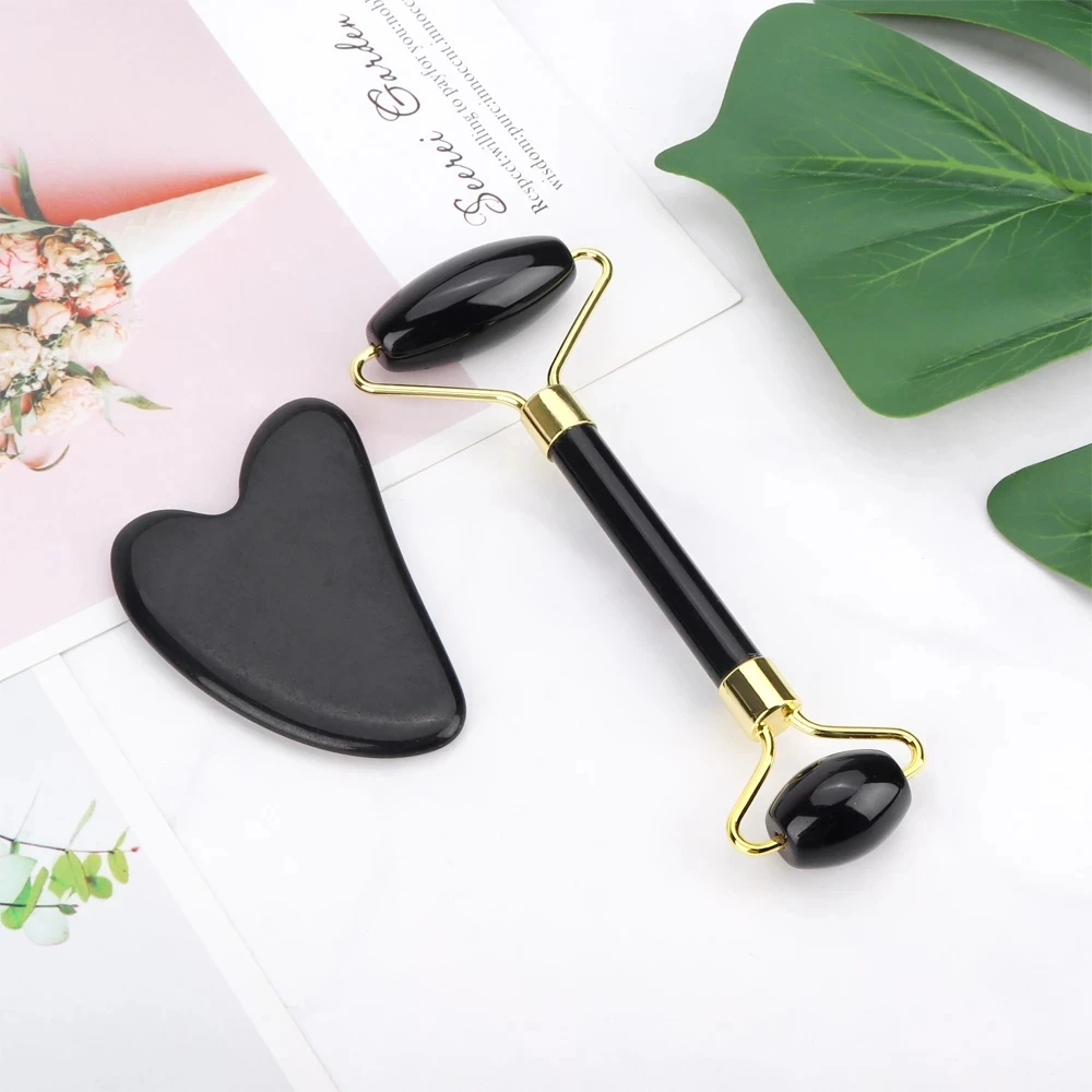 

Natural Quartz Jade Roller Gua Sha Set Black Jade Guasha Scraper Stone Massage Face Lifting Facial Massager Tool for Back Neck