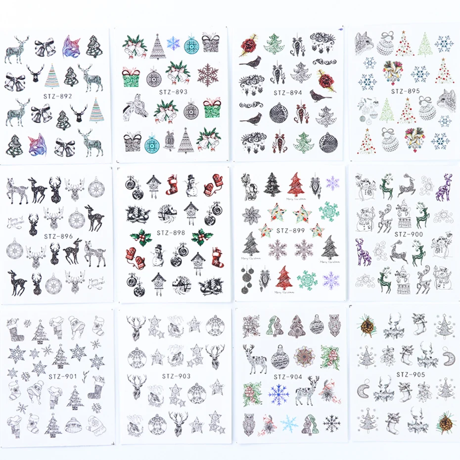 12pcs Xmas Nail Sticker Wraps Decal Snowflake Animal Christmas Tree Flower Decals Winter Water Transfer Slider JISTZ892-905