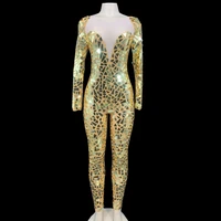 sparkly gold mirrors transparent jumpsuit women birthday celebrate prom party outfit female club bar dance rompers stage costume