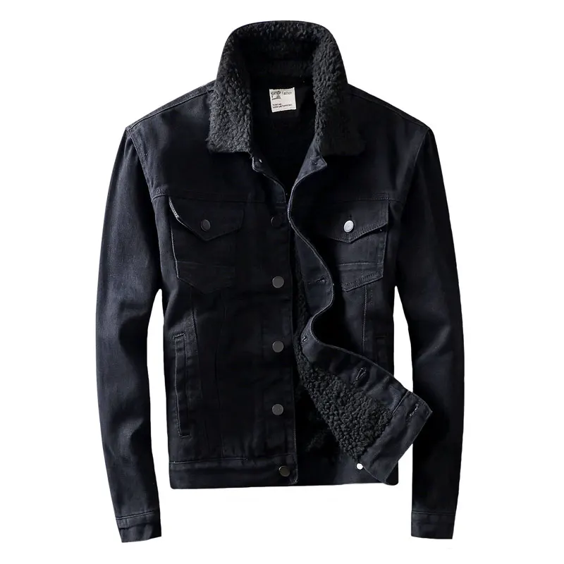 

British Style Fashion Men Jacket Black Color High Quality Thickness Velvet Warm Denim Jacket Men Faux Lamb Wool Parka Coats