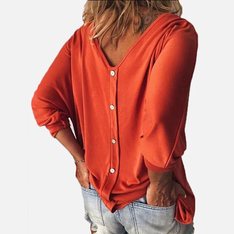 

2020 Women's Clothing V-Neck T-shirt Bat Sweater 3/4 Sleeve Back Button Blouse Oversized Fasion