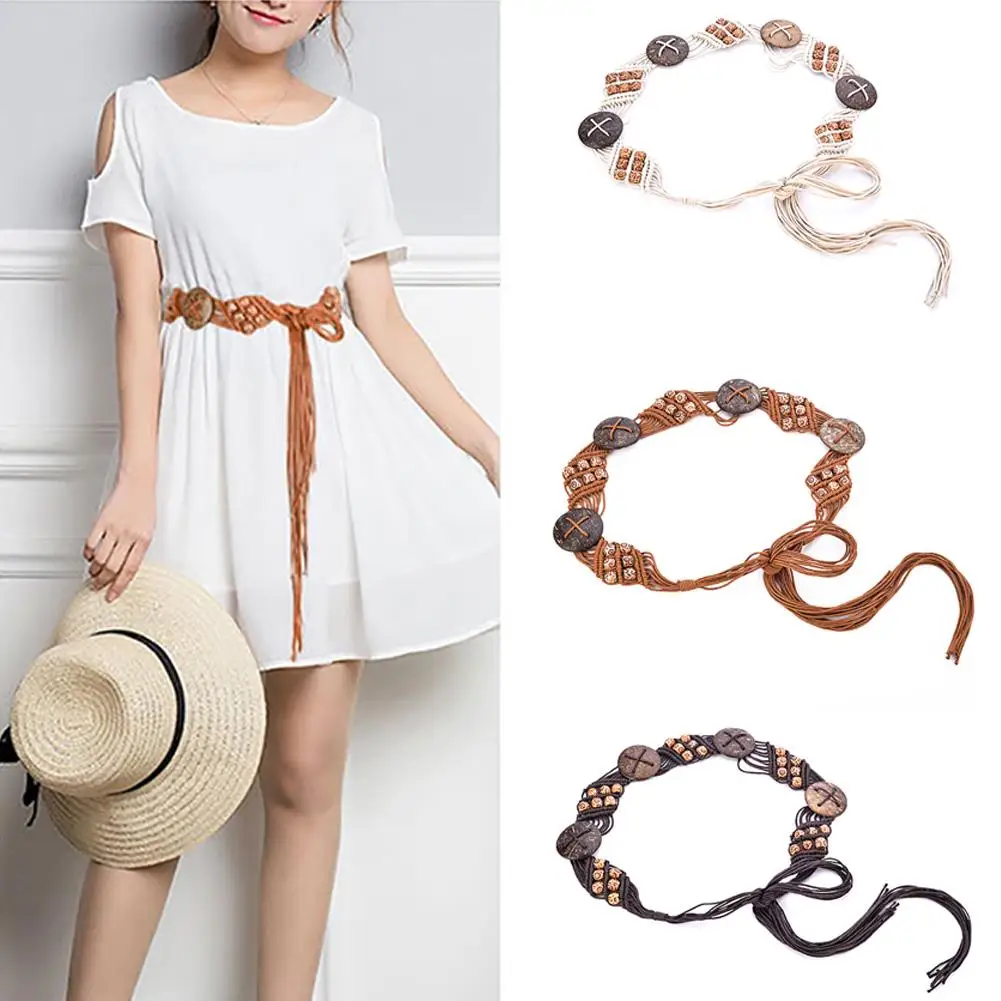 

Women Fashion Belt Knitted Rope Wooden Beads Belt Waist Chain Clothing Accessory Women Dress Decoration Belts Bohemian Slim Belt