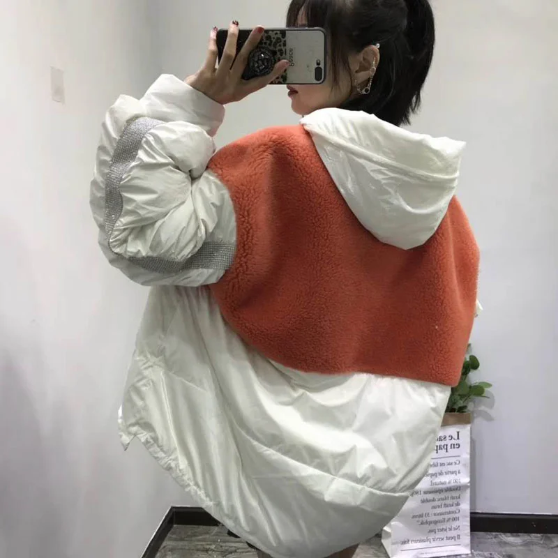 

Asymmetric Length coat winter women white duck down jacket pacthwork real sheep fur parka plus size hooded coats loose overcoat
