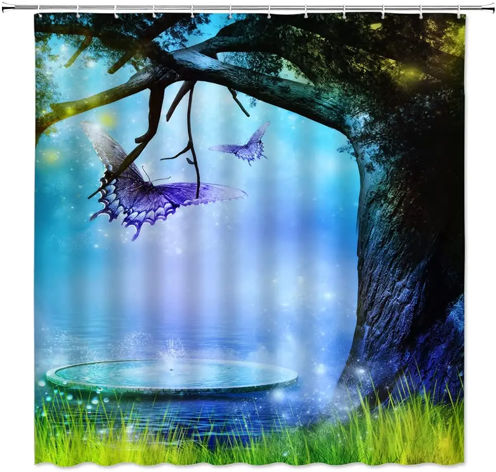 

Сказочная занавеска для душа с лесным пейзажем, ночная фантазия, фиолетовая бабочка, синее озеро, пруд, луг, дерево, зеленая трава, пейзаж, де...
