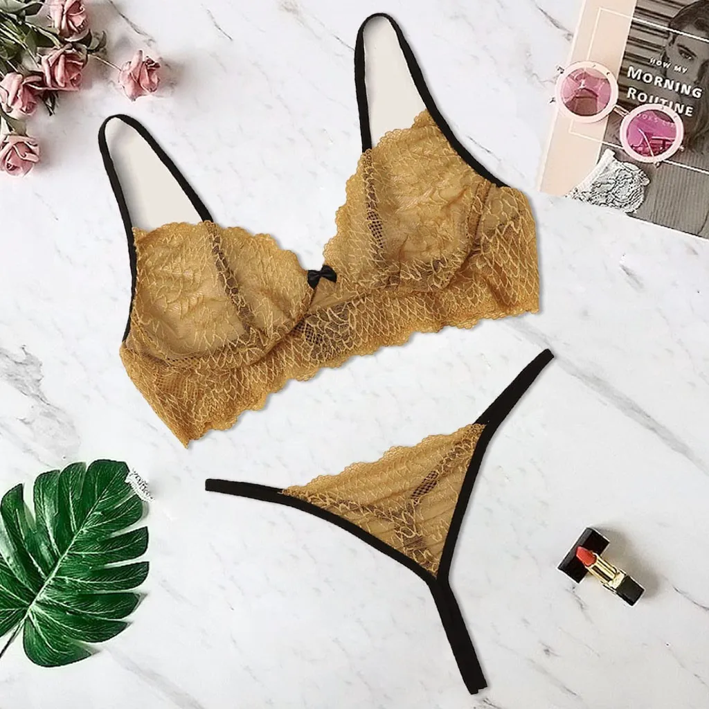 Mujer lingerie erotic New Sexy Women Lace Lingerie Wire Free Underwear Bowknot Bra Thong G-String Set ropa interior #351025 |